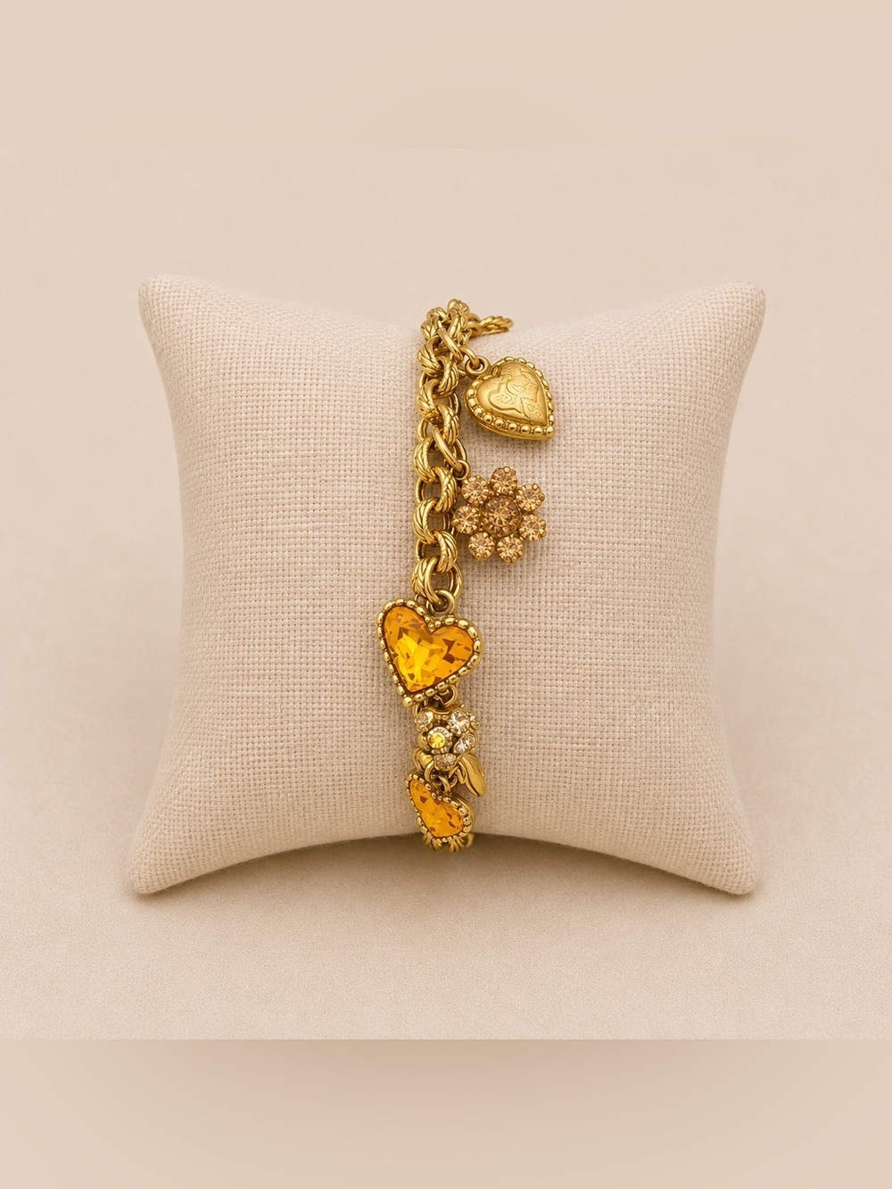 Vintage Gold Tone Amber Charm Bracelet